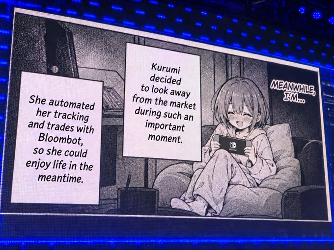 A manga-style panel displayed on a screen showing a girl named Kurumi smiling while playing a Nintendo Switch, with text explaining she automated her trading with 'Bloombot' and decided to take time off from the market.