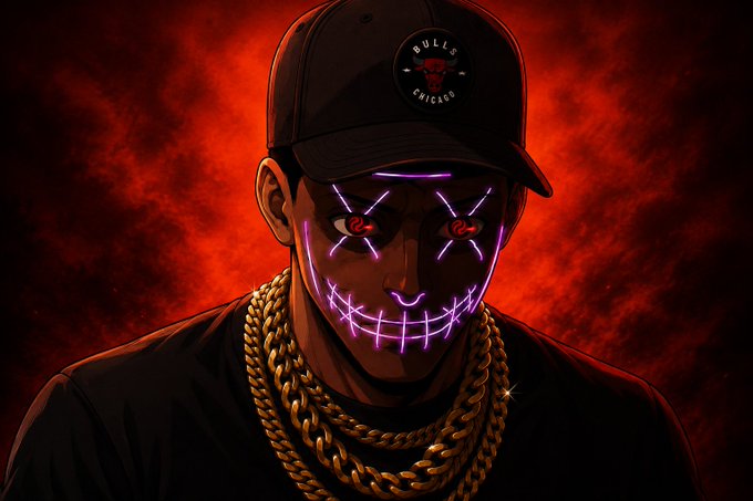Digital illustration of a man wearing a black Chicago Bulls cap and thick gold chains, with a glowing purple neon mask resembling the Purge design over his face, set against a dark red smoky background.