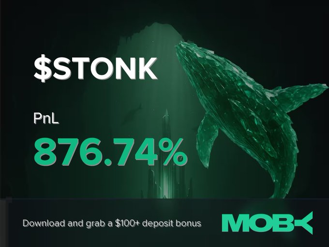 A promotional graphic for Moby features a whale swimming upward toward the moon against a dark background, advertising a "+876.74% PnL" win on $STONK with a "Download and grab a $100+ deposit bonus" offer at the bottom. The whale imagery visually reinforces the post's message of a massive trading gain as the token's market cap surged from $1.14M to $220.16M.