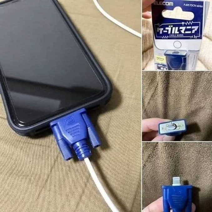 A collage of photos showing a blue ELECOM brand Japanese "CABLE MANIA" adapter plugged into a smartphone, with packaging and close-ups of the device's connector.