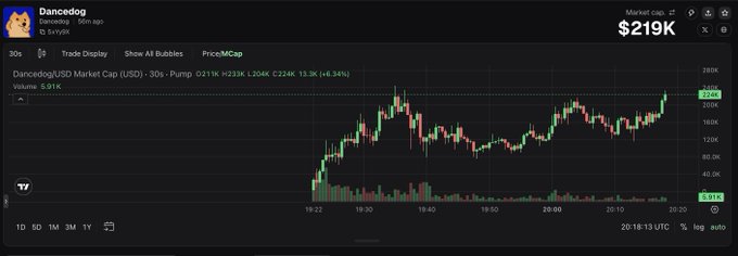 A TradingView candlestick chart shows Dancedog (Dancedog/USD) on a 30s timeframe with a market cap of $219K, currently up 34% with the price at 224K. The chart displays a volatile uptrend with notable pumps around 19:22 and 20:20 UTC, supporting the post's claim of a rapidly rising memecoin pick.