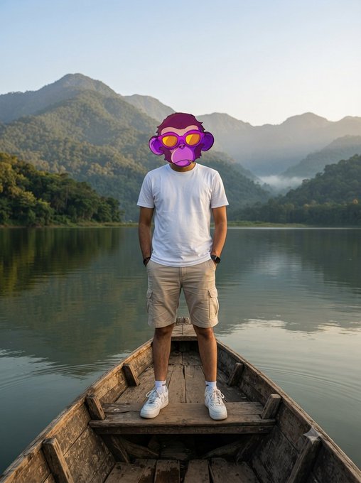 A person stands at the bow of a wooden boat on a misty mountain lake, wearing a white t-shirt and khaki cargo shorts, with their face obscured by a purple cartoon monkey emoji.