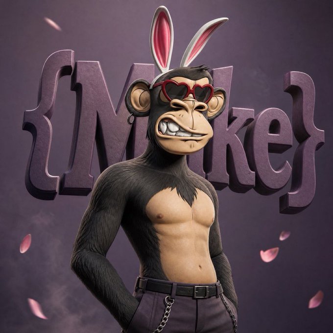 A 3D rendered character of a muscular chimpanzee wearing pink bunny ears and heart-shaped sunglasses, standing in front of large purple text reading '{Maker}' with falling petals.