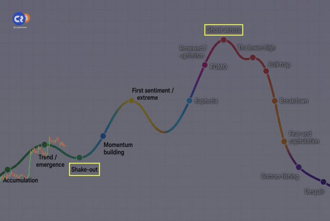 A line graph illustrates the classic crypto market cycle, displaying phases from "Accumulation" and "Trend / emergence" through a "Shake-out," "Momentum building," "First sentiment / extreme," "Euphoria," "FOMO," "Renewed optimism," peaking at a "Shoot across," before declining through "The lower-high," "Bull trap," "Breakdown," "Fear and capitulation," "Bottom fishing," and "Despair," visually reinforcing the post's warning that current holders are experiencing only the first shakeout before a potential FOMO-driven surge.
