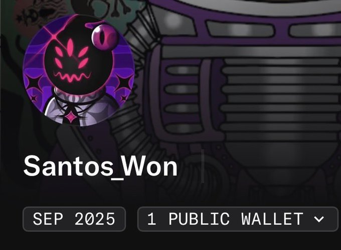 A Discord profile card for "Santos_Won" featuring a purple-themed cartoon avatar of a dark character with glowing pink eyes and a mischievous grin, displayed over a stylized mechanical background with "SEP 2025" and "1 PUBLIC WALLET" indicators. The image likely represents the Santos_Won user being inquired about, showing their profile details as a reference for the introduction request.