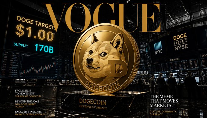 A Vogue magazine cover style image featuring a giant gold Dogecoin coin in a stock exchange setting, with text showing 'DOGE TARGET: $1.00' and 'DOGE LISTED NYSE'.