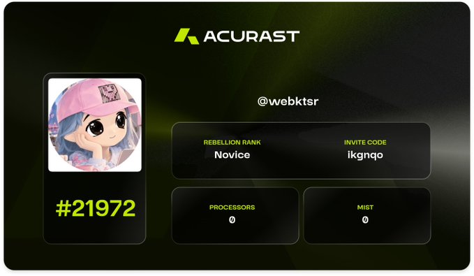 The image shows an Acurast profile dashboard for user @webktsr, displaying a "Novice" rebellion rank (#21972), invite code "ikgnqo," and counters for Processors and MIST, both at 0. This aligns with the post clarifying that Acurast's metrics track "Compute Deployments and On-chain Transactions" rather than a flat "1 billion tasks" figure, as the dashboard shows zero activity for this particular user despite the platform's overall high transaction volume.