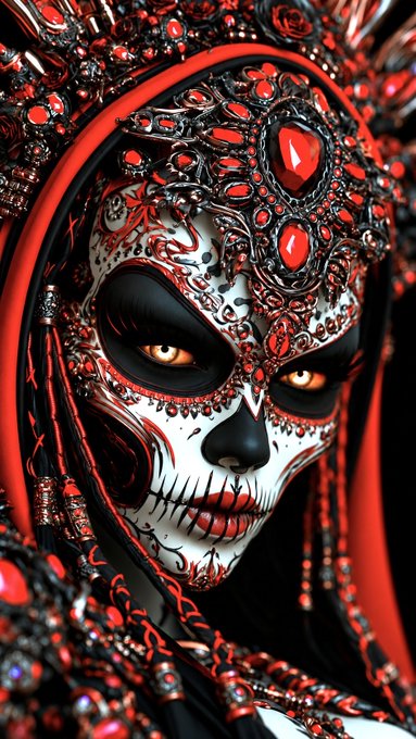 An elaborate sugar skull mask with intricate red and black filigree, jeweled crowns, and dramatic dark eye sockets.