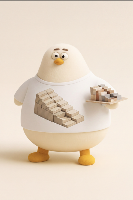 The image features a cartoon duck standing upright, wearing a white t-shirt with a unique design of stacked blocks. The duck appears to be holding a plate or tray containing more blocks, possibly as part of an art project or creative display. The image also includes text that reads "收到 @dappOS_com 的NFT了 很喜欢我这只聪明鹅 感谢 @dappOS_com 还有灯塔平台 @Lighthouse_2026 为 @Xuegaogx 老师和 @BTC_Alert_ 老师". The image seems to be related to the post, as it features a cartoon duck and possibly other elements from the post.