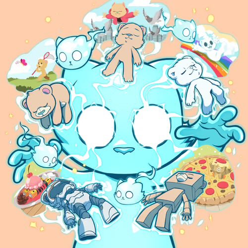 An illustration of a blue cat-like character surrounded by various cartoon figures, including teddy bears, a dog, an astronaut, and a cardboard box character, all surrounded by swirling energy lines.
