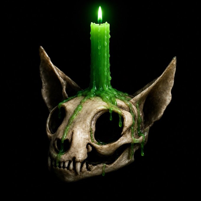 A 3D rendered creature skull with large ears and fangs, topped with a lit green candle whose wax drips down over the bone surface against a black background.