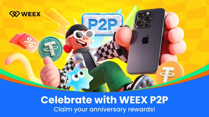 A colorful promotional banner for WEEY P2P featuring 3D cartoon characters holding an iPhone and Thai Baht coins, with the text 'Celebrate with WEEY P2P - Claim your anniversary rewards!'