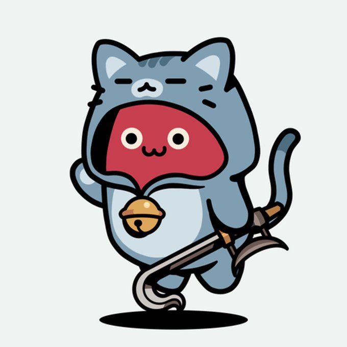 A cute cartoon character wearing a blue cat hoodie with a red face and a bell collar, holding a pickaxe.
