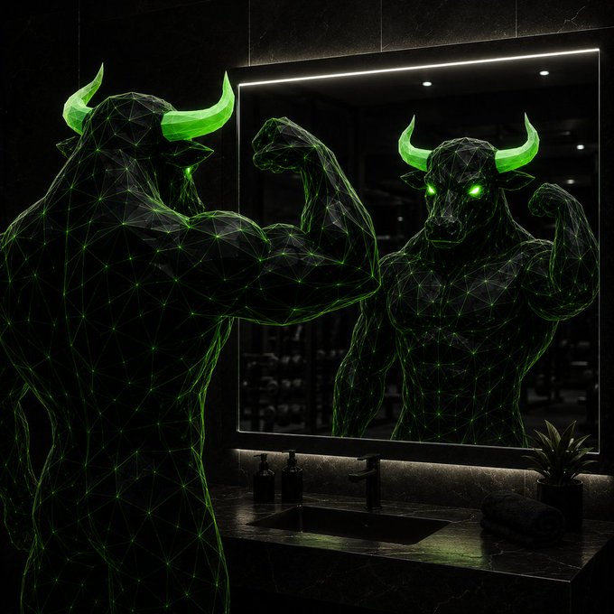 A muscular, wireframe-style minotaur with glowing green horns flexes while looking into a mirror in a dark bathroom.