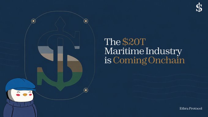 Promotional graphic for Ethra Protocol featuring a penguin mascot with text 'The $20T Maritime Industry is Coming Onchain' on a navy blue background.