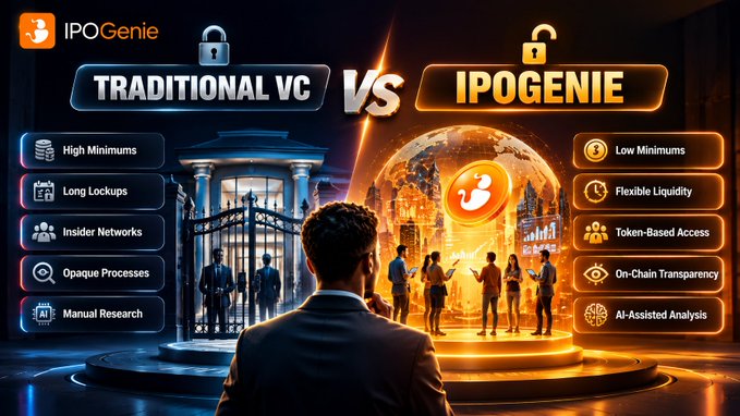 A promotional graphic comparing 'Traditional VC' (locked padlock, high minimums, long lockups) versus 'IPOGenie' (unlocked padlock, low minimums, flexible liquidity, token-based access, on-chain transparency, AI-assisted analysis).