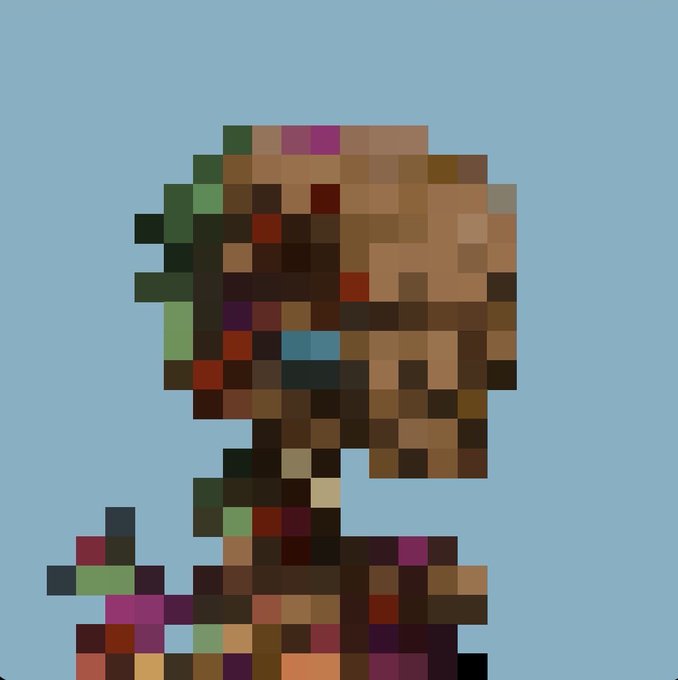 A heavily pixelated/mosaic image showing what appears to be a person's silhouette against a light blue background.