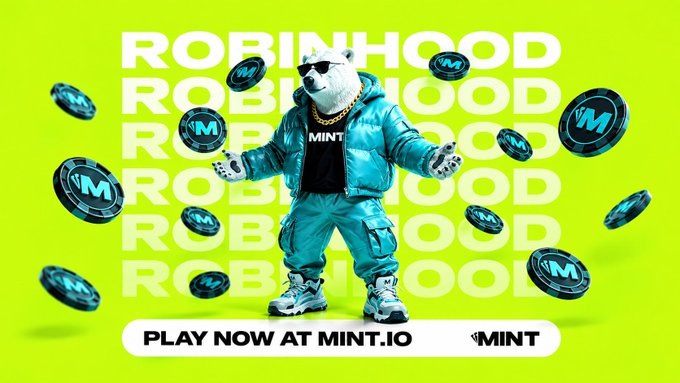 A promotional advertisement featuring an anthropomorphic bear character in a teal puffer jacket and sunglasses, surrounded by flying coins with 'M' logos, set against a yellow background with 'ROBINHOOD' repeated in large letters and 'PLAY NOW AT MINT.IO' at the bottom.