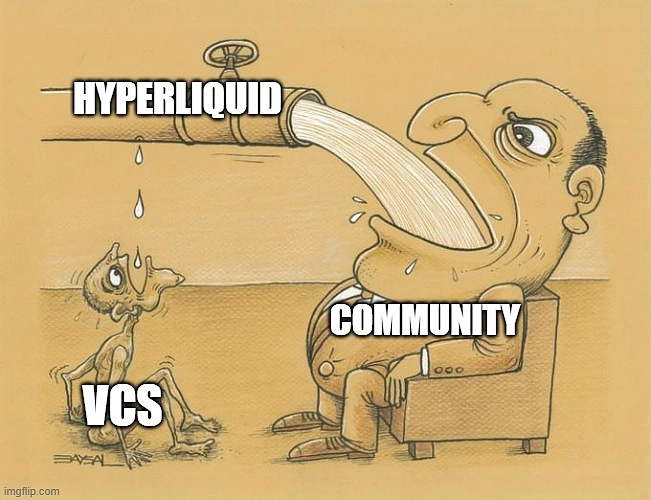 A cartoon illustration meme showing a large figure labeled 'COMMUNITY' drinking from a pipe labeled 'HYPERLIQUID' while a starving child labeled 'VCS' waits below, with 'imgflip.com' watermark.