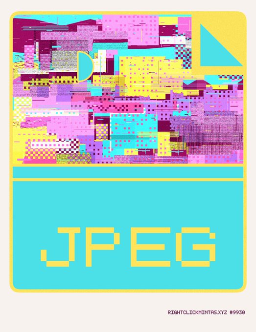 A digital art piece resembling a JPEG file icon with a glitch-style, colorful abstract pattern in pink, yellow, and teal above the text 'JPEG' and 'RIGHTCLICKMINTAS.XYZ #9930'.