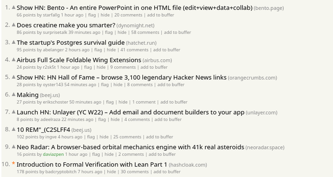 The image shows a Hacker News front page listing, with the post "Introduction to Formal Verification with Lean Part 1" from hashcloak.com appearing at #10 with 178 points. This relates to the accompanying message noting that Hashcloak's Lean tutorial reached the #10 spot on Hacker News, with Dan Abramov having responded to it.