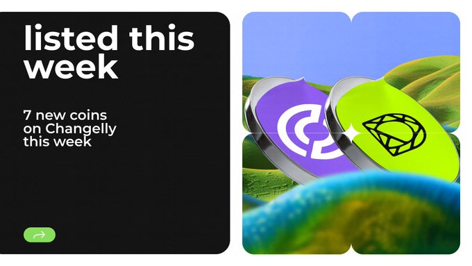 A promotional graphic with the text 'listed this week' and '7 new coins on Changelly this week' alongside illustrations of two cryptocurrency coins.