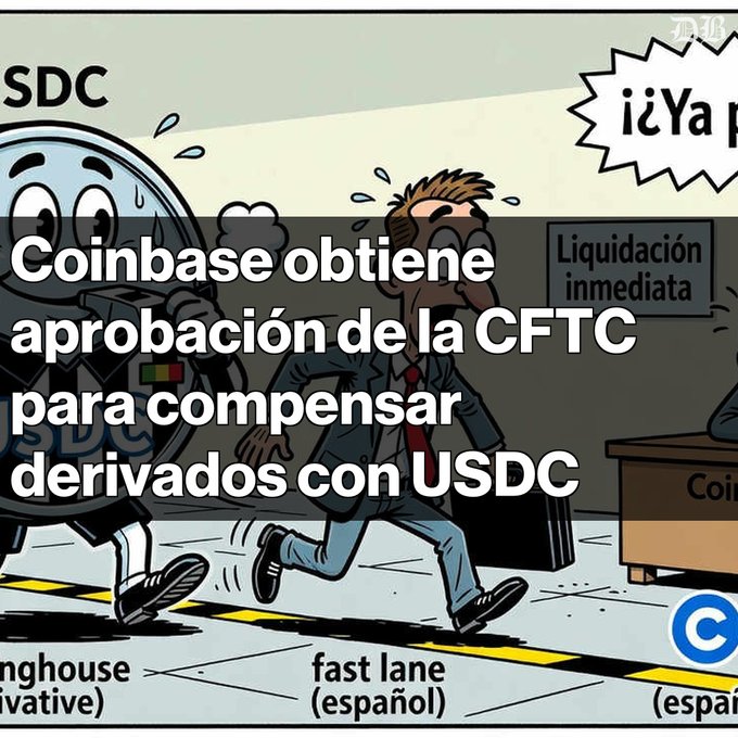 The image is a cartoon-style illustration depicting a sweating businessman with a briefcase running in panic alongside a personified vault character labeled "SDC," with a sign reading "Liquidación inmediata" in the background. The Spanish caption overlaid reads: "Coinbase obtiene aprobación de la CFTC para compensar derivados con USDC."

This visual metaphorically represents the urgency and stress surrounding Coinbase's newly approved CFTC registration, which allows USDC to be used for derivatives clearing and immediate liquidation—directly tying to the post's mention of stablecoin challenges including clearing risks, network congestion, and smart contract security concerns.