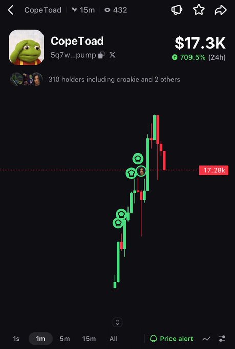 A mobile screenshot showing a cryptocurrency chart for 'CopeToad' (5q7w...pump) with a market cap of $17.3K, showing a 709.5% increase over 24 hours and 310 holders.