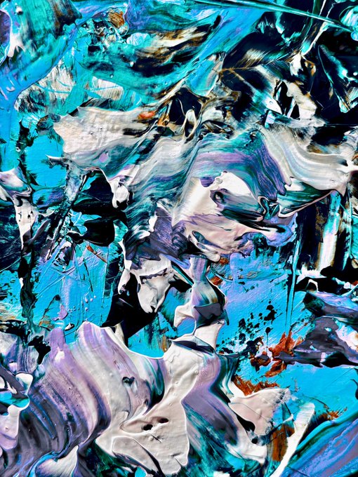 The image features a large abstract painting with blue, purple, white, and black colors. The artwork has an impressionistic style, giving it a dreamlike quality. The artist's signature can be seen at the bottom of the painting. The painting is displayed on a canvas or wall, making it the main focus of the image.