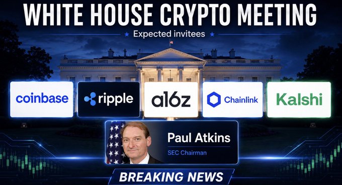 A "Breaking News" graphic titled "WHITE HOUSE CRYPTO MEETING" showcases the White House as a backdrop, displaying expected invitee logos for Coinbase, Ripple, a16z, Chainlink, and Kalsi, along with SEC Chairman Paul Atkins, visually reinforcing the post's message that crypto industry leaders are now meeting directly with top Washington officials.