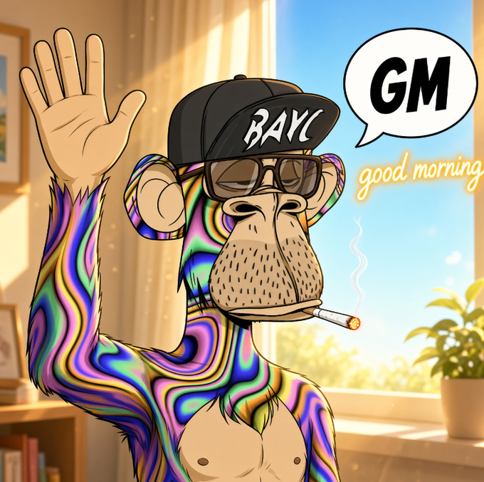 A colorful cartoon monkey wearing sunglasses and a black 'BAYC' cap waves while smoking a cigarette, with a speech bubble saying 'GM' and 'good morning'.