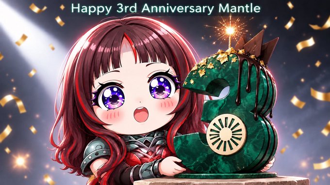 An anime-style chibi illustration of a red-haired girl celebrating the 'Happy 3rd Anniversary Mantle' with a green number 3 cake topped with a sparkler.
