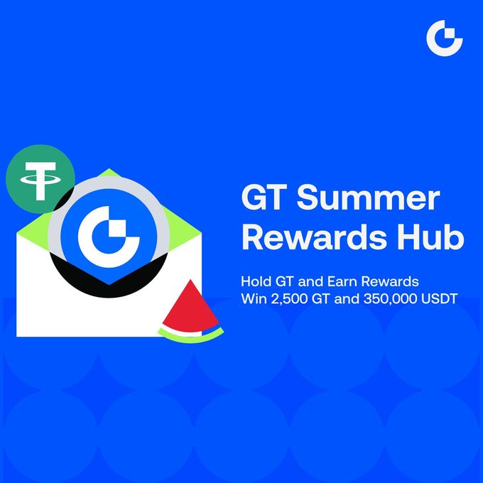 The image features a blue background with white text that reads "GT Summer Rewards Hub" at the top, followed by an explanation of the rewards hub's purpose. Below this information, there are two illustrations - one depicting a slice of watermelon and another showing a green and red coin. The text also mentions a contest where participants can win 2,500 GT trading points or 350,000 USDT if they register for the challenge.