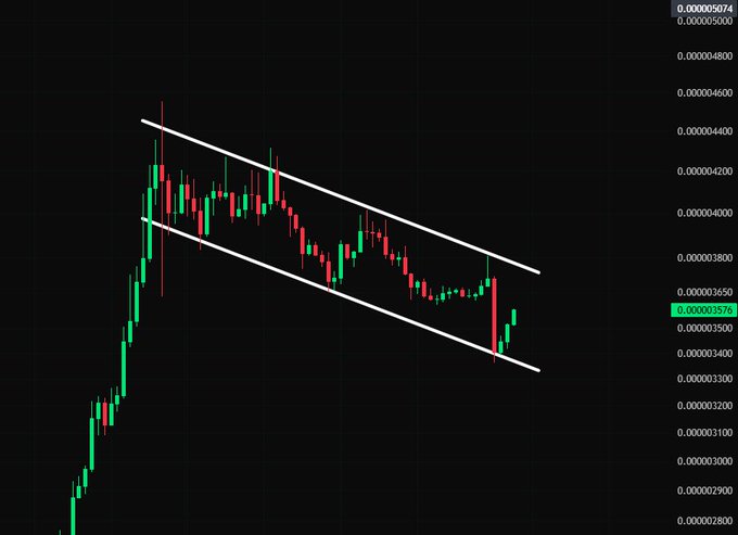 A candlestick chart for $PEPE displays price action between 0.000002800 and 0.000005974, with the current price highlighted at 0.000003576, illustrating the descending channel pattern described in the accompanying post.