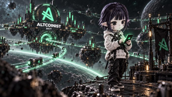 A stylized digital artwork of a chibi character in a white hoodie holding a phone, standing in a sci-fi landscape with a glowing green 'ALTCOINIST' city and an 'A' logo.