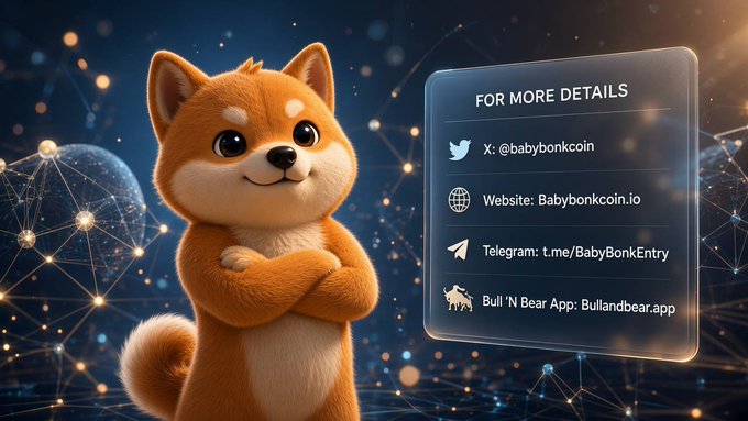 A 3D-rendered Shiba Inu dog stands next to an information panel for 'Babybonkcoin' with details including X: @babybonkcoin, Website: Babybonkcoin.io, Telegram: t.me/BabyBonkEntry, and Bull 'N Bear App: Bullandbear.app.
