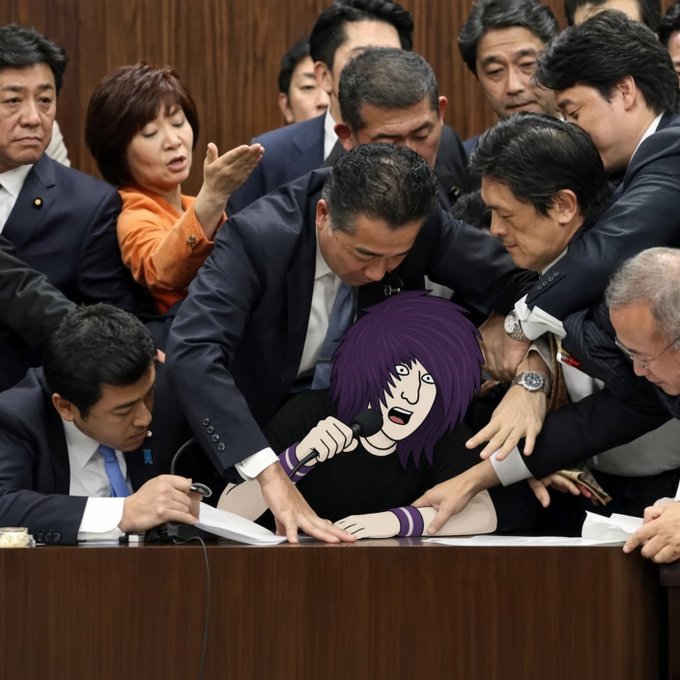 A humorous edited image shows a Japanese parliamentary meeting where a cartoon character with purple hair has been inserted into the crowd, appearing to be in a tense exchange with politician Takashi Tachibana.