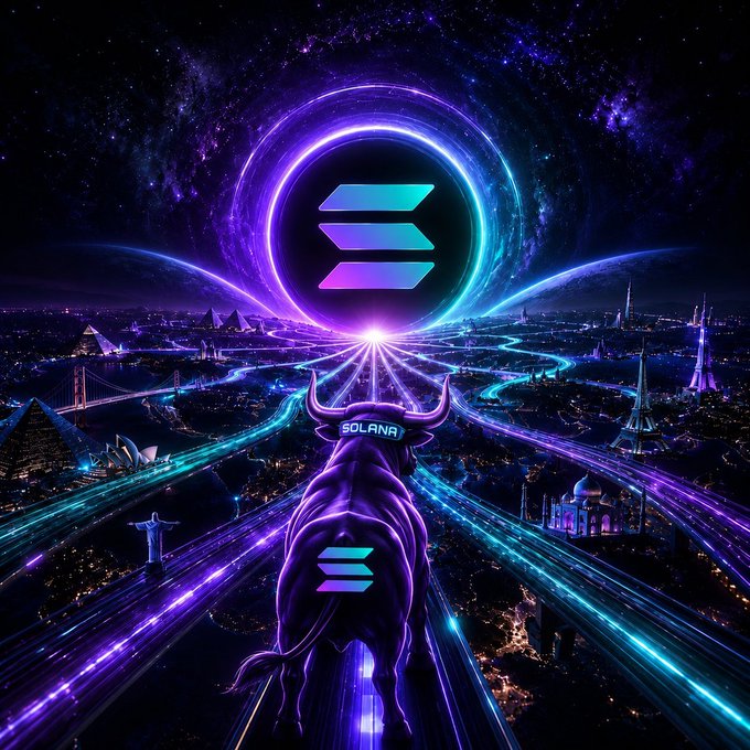 A muscular bull with "SOLANA" emblazoned on its head charges down glowing neon highways converging on the iconic Solana logo, encircled by cosmic energy and global landmarks under a starry sky—vividly embodying the message that all paths in crypto lead to Solana.