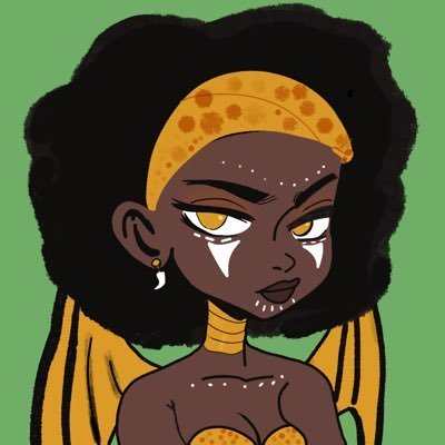 A digital illustration of a dark-skinned character with yellow eyes, white tear-like markings, and a yellow headband, set against a solid green background.