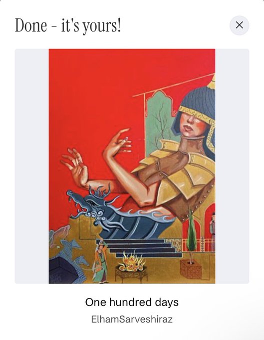 An illustration titled "One hundred days" by ElhamSarveshiraz, featuring a stylized figure with blue hair and gold armor against a vibrant red background with mythological elements.