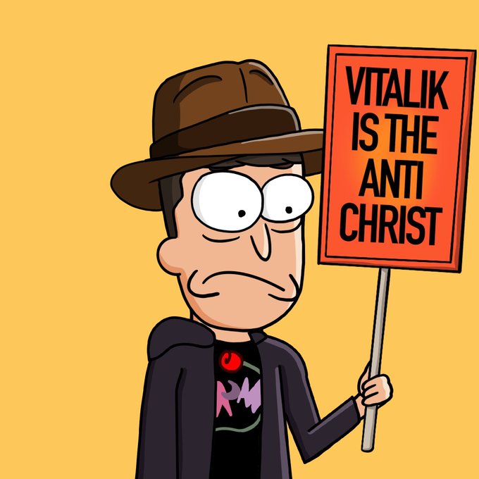 A cartoon illustration of a man in a brown hat and black shirt holding a red sign that reads "VITALIK IS THE ANTI CHRIST" against a yellow background.