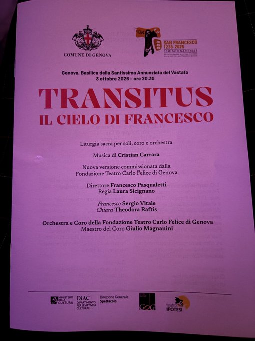 A pink concert program for 'TRANSITUS IL CIELO DI FRANCESCO' taking place on October 3, 2026 at the Basilica della Santissima Annunziata del Vastato in Genova, featuring music by Cristian Carrara.