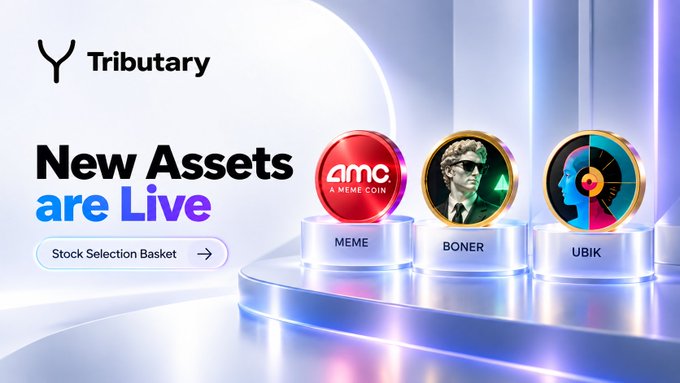 A bright promotional graphic for Tributary announcing 'New Assets are Live' featuring a Stock Selection Basket with three tokens: MEME (AMC meme coin), BONER, and UBIK displayed on illuminated pedestals.