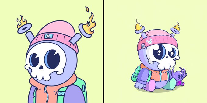 A cartoon skull character wearing a pink beanie with flames on top and a colorful hoodie is shown in two poses—a close-up portrait and a full-body view with a small purple bunny companion—celebrating the sale of the "GRAIL" 1.3 ETH NFT skull.