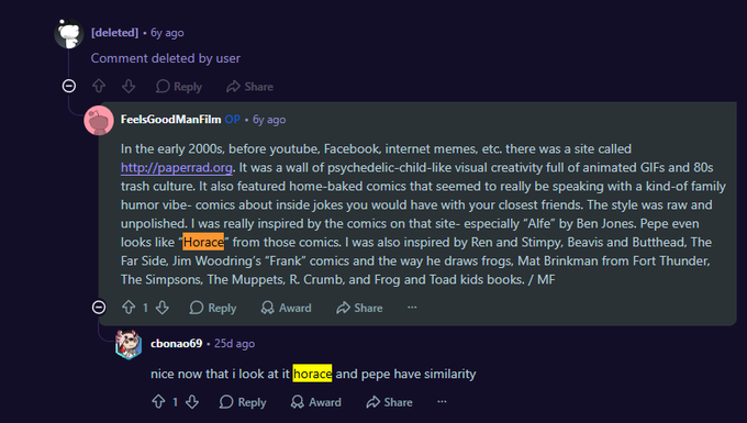 A Reddit comment from FeelsGoodManFilm discussing the early 2000s site paperrad.org and its influence on 'horace' and Pepe comics, with a reply from cbona69 noting similarities between 'horace' and Pepe.