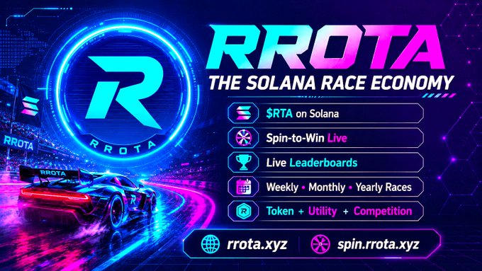 The image showcases "RROTA: THE SOLANA RACE ECONOMY," featuring elements like $RTA on Solana, Spin-to-Win, Live Leaderboards, and Races, all accessible via rrota.xyz and spin.rrota.xyz. This visual aligns with the post's description of RROTA testing a participation-driven Solana economy through its ecosystem.