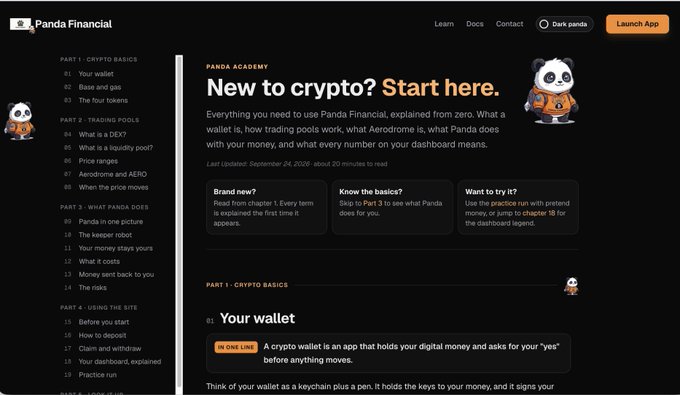 A screenshot of the 'Panda Financial' Panda Academy webpage titled 'New to crypto? Start here,' featuring a sidebar menu with topics like wallets, trading pools, and price ranges, plus a panda mascot reading a book.