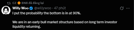 A tweet from Willy Woo (@willywoo) stating 'I put the probability the bottom is in at 90%. We are in an early bull market structure based on long term investor liquidity returning.'
