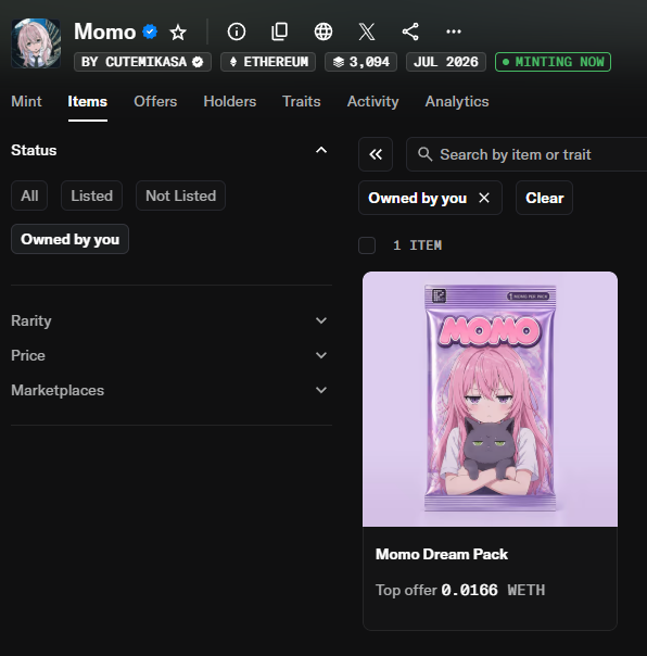 OpenSea NFT page for the "Momo" collection by cutemikasa on Ethereum, showing a "Momo Dream Pack" item with a top offer of 0.0166 WETH.