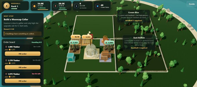 A screenshot of a city-building video game interface showing 'SEEDBALL Rank 5' with statistics like 34.0K coins and 20.5K grain, featuring a building a Monocap Cellar objective and an order board for timber.